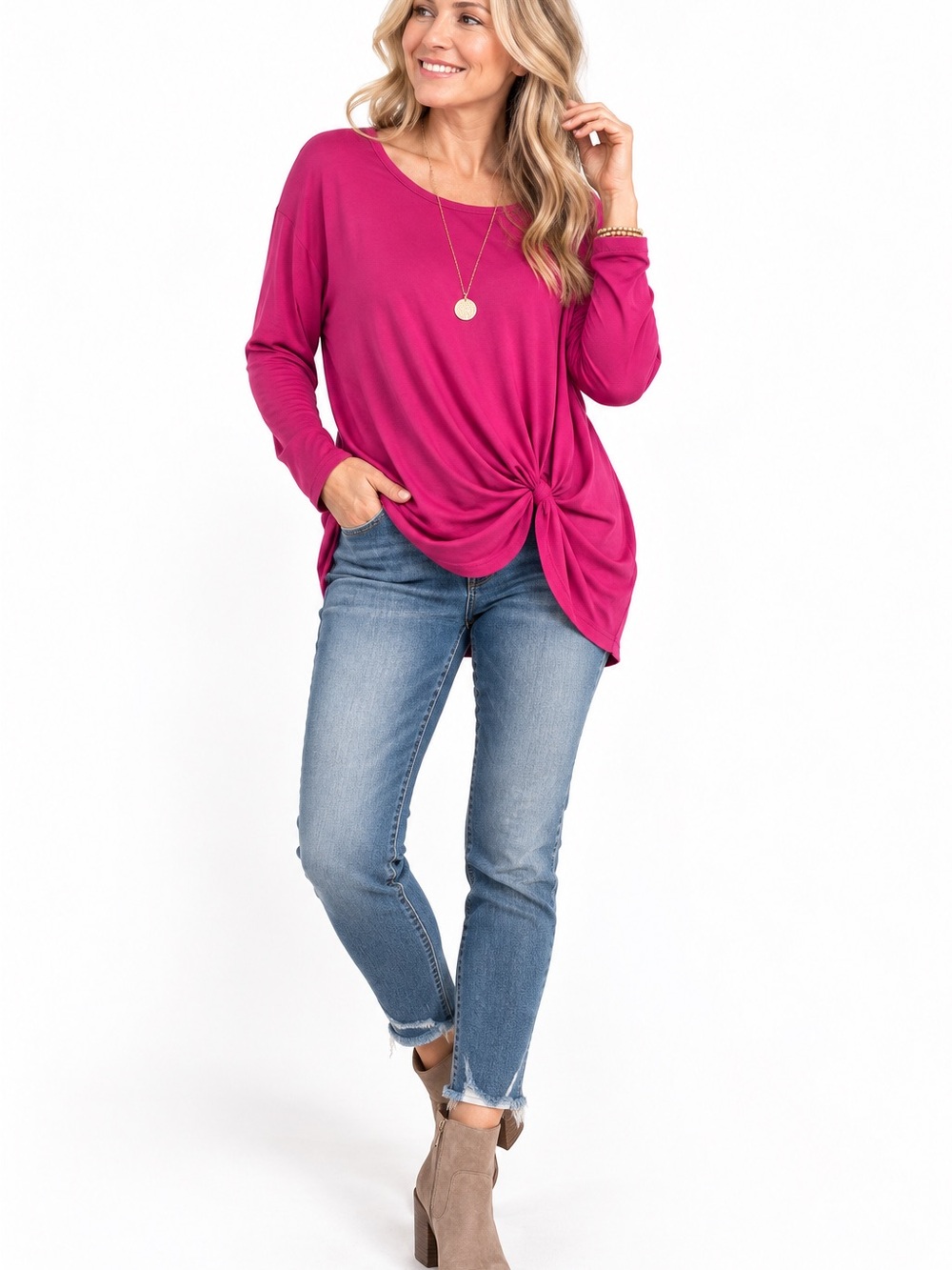Jackson Rowe Twist-Front Long Sleeve Tee in Fuchsia